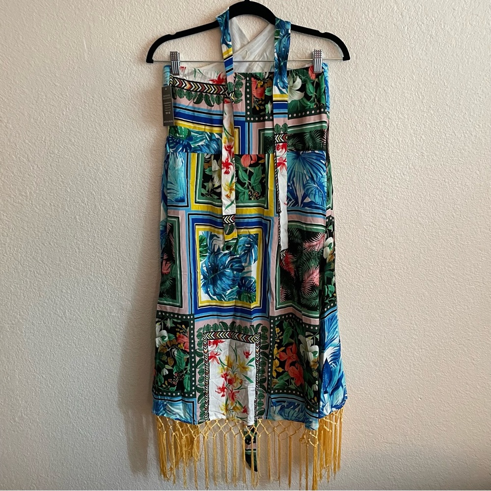 NWT Boston Proper Patchwork Fringe Wrap Dress Tropical Halter - Picture 7 of 10